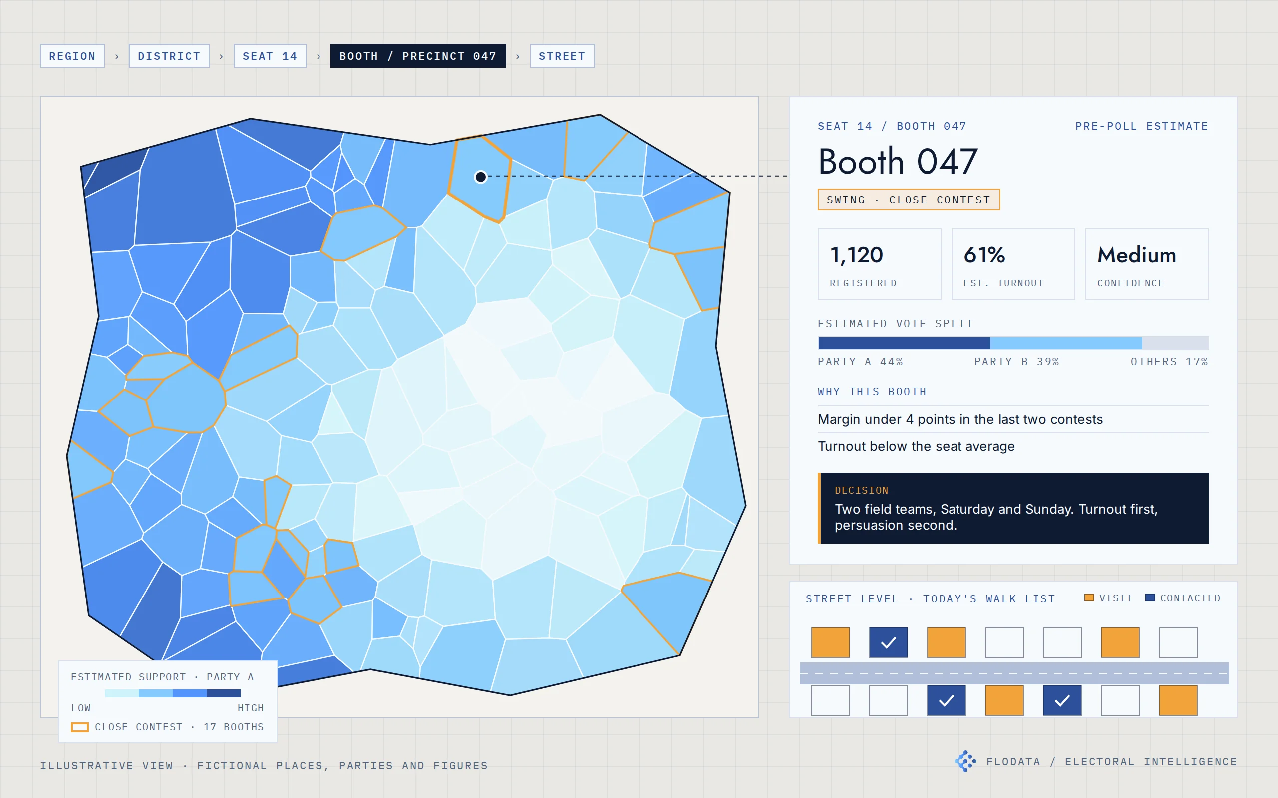 Illustrative booth estimate on a seat map, using fictional places, parties and figures